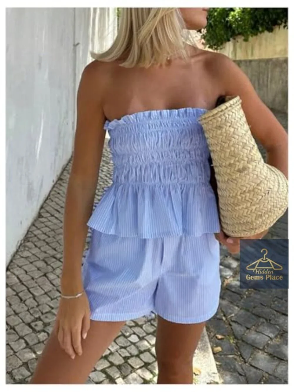 2 Piece Striped Peplum Ruffle Hem Tube Top and Shorts Set
